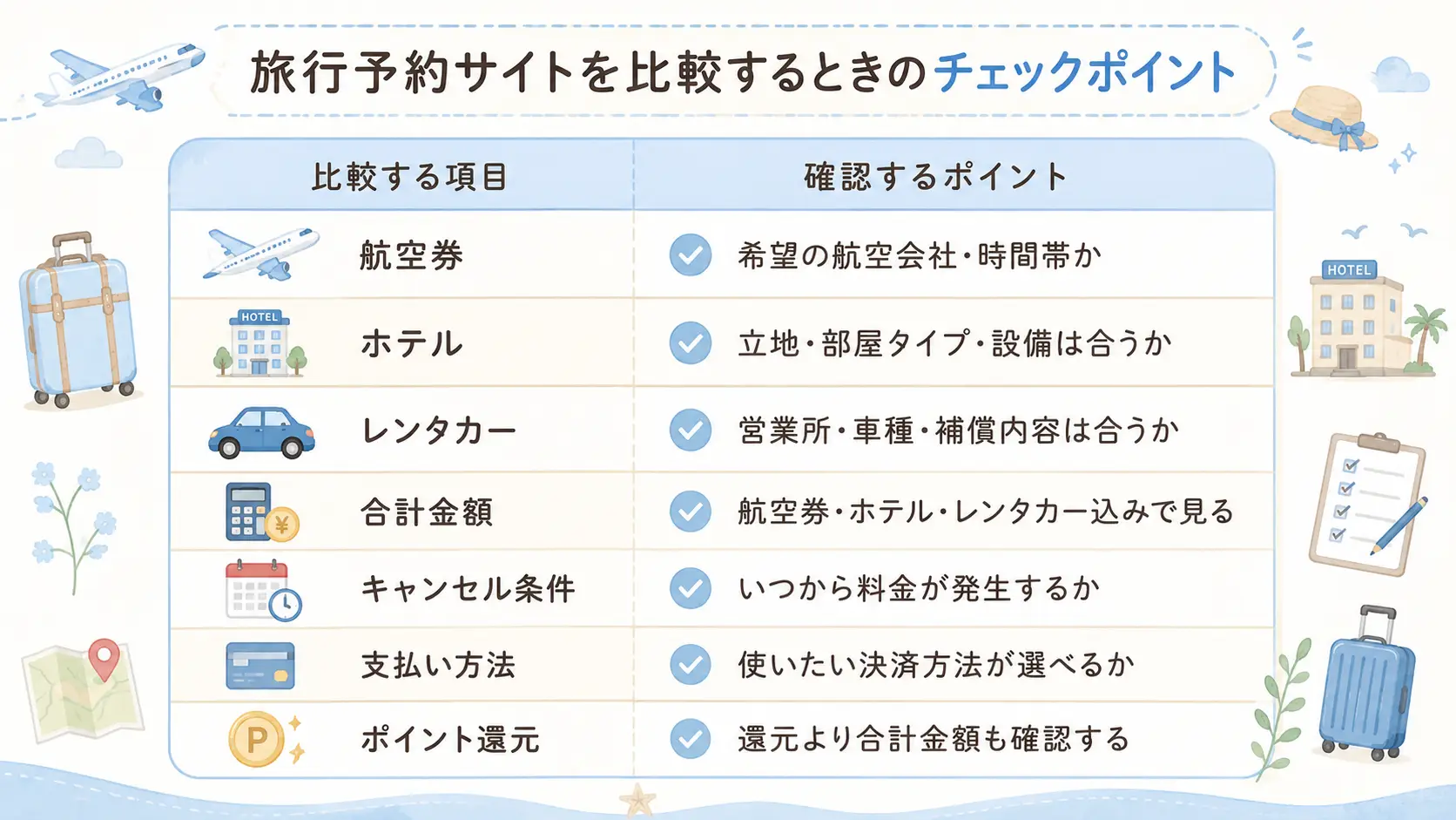 Jcationと他の旅行予約サイトを比較するときのチェックポイント表
