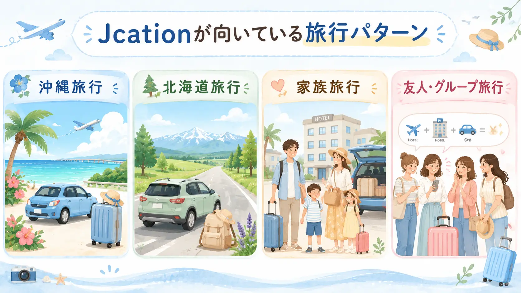 Jcationが向いている沖縄旅行や北海道旅行などの旅行パターン図解