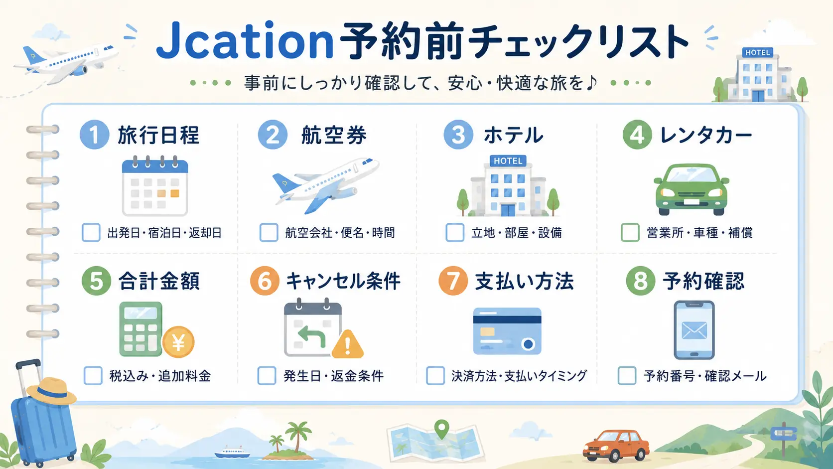 Jcationで予約前に確認すべき旅行日程・航空券・ホテル・レンタカー・キャンセル条件のチェックリスト