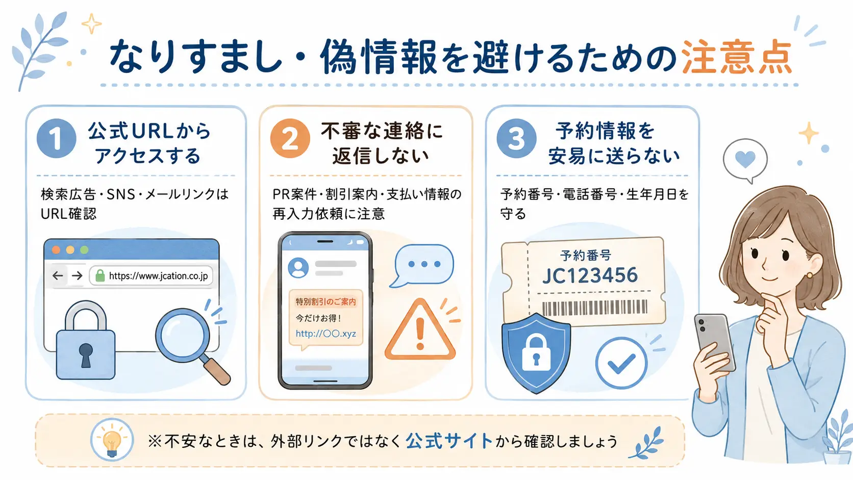 Jcationのなりすましや偽情報を避けるために、公式URL・不審な連絡・予約情報の扱いに注意するポイントをまとめた図解