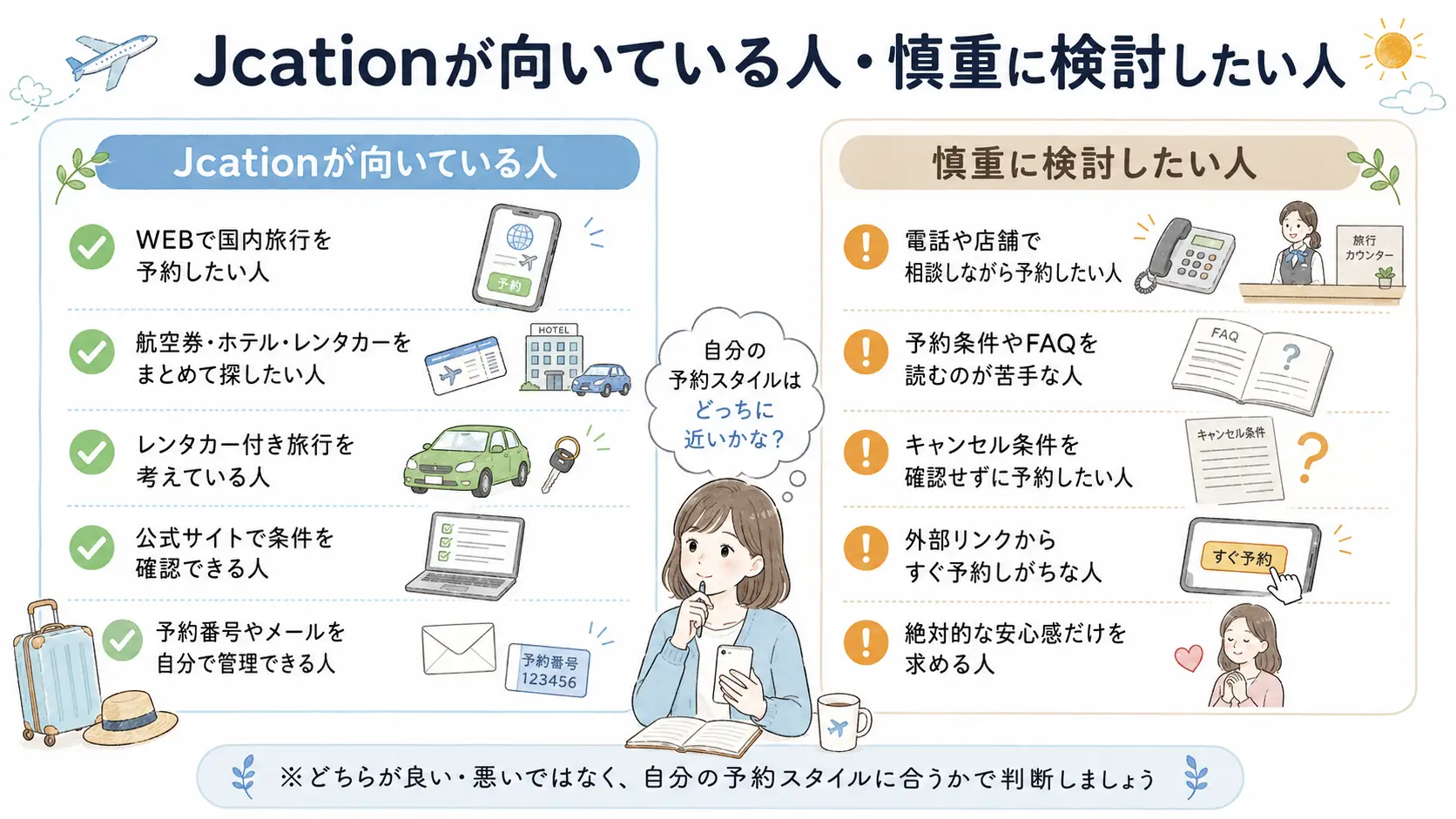 Jcationが向いている人と慎重に検討したい人を左右に分けて比較し、自分に合うか判断しやすくした図解