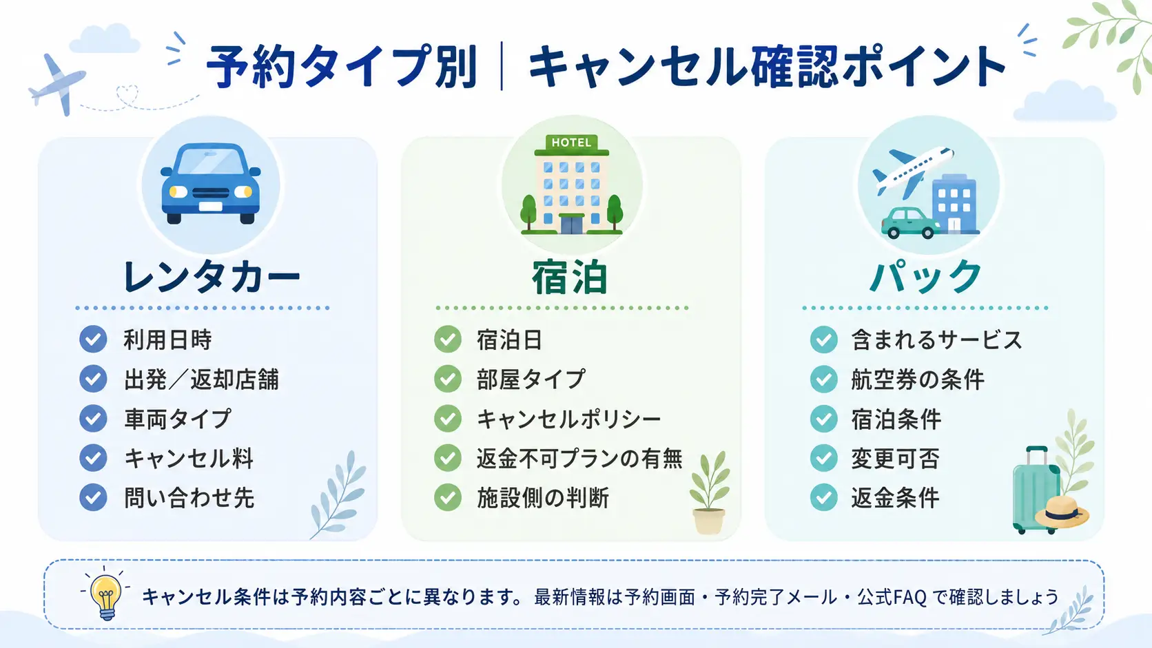 Jcationのレンタカー・宿泊・パック別キャンセル確認ポイントを比較した図解