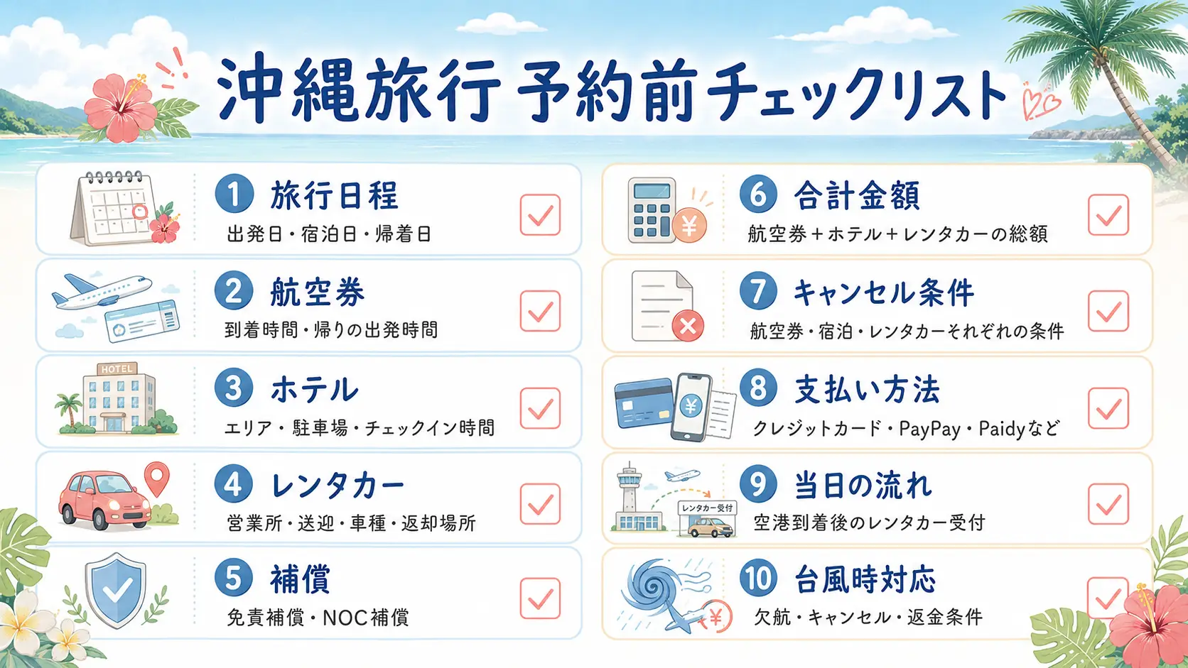 沖縄旅行を予約する前に確認したい旅行日程・航空券・ホテル・レンタカー・補償・合計金額・キャンセル条件などをまとめたチェックリスト