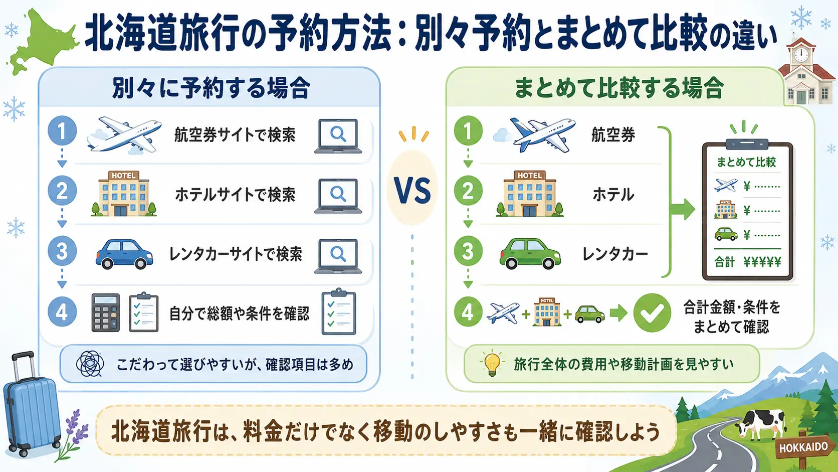 北海道旅行で航空券ホテルレンタカーをまとめて比較するメリットの図解