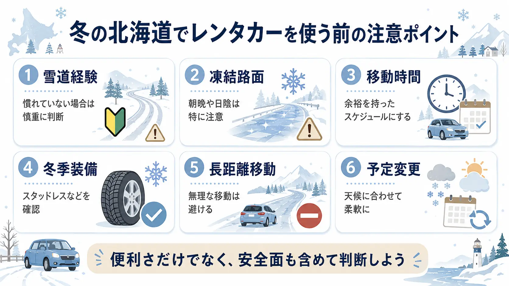 冬の北海道旅行でレンタカーを使うときの雪道や装備の注意点