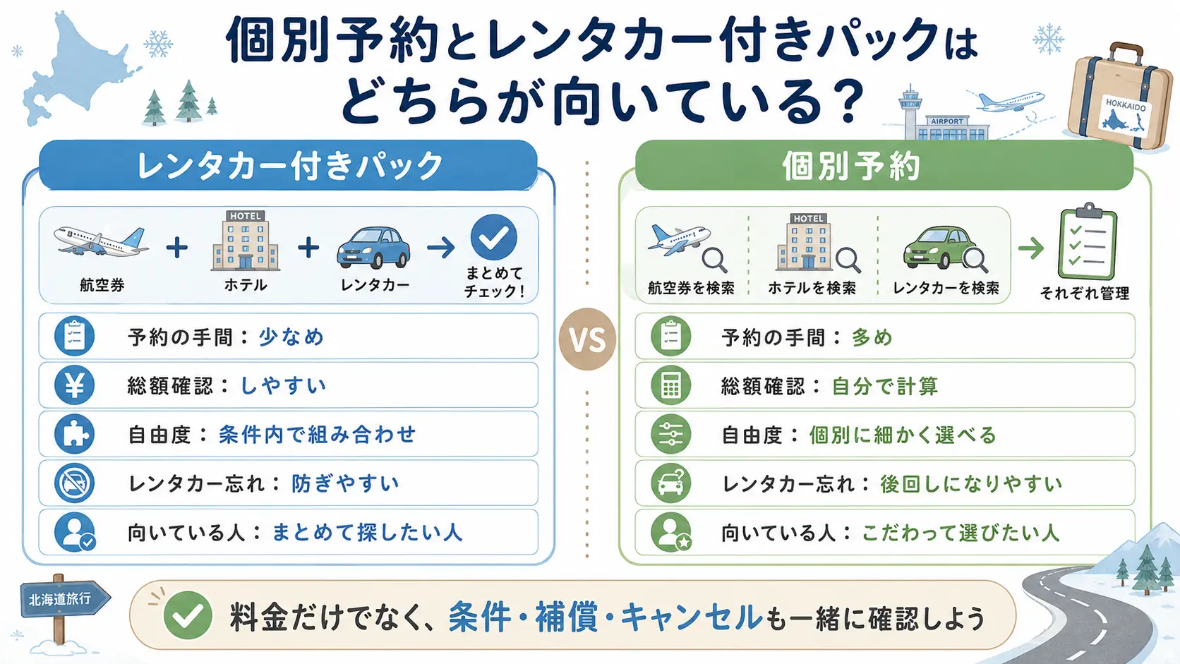 北海道旅行で個別予約とレンタカー付きパックのどちらが向いているか比較