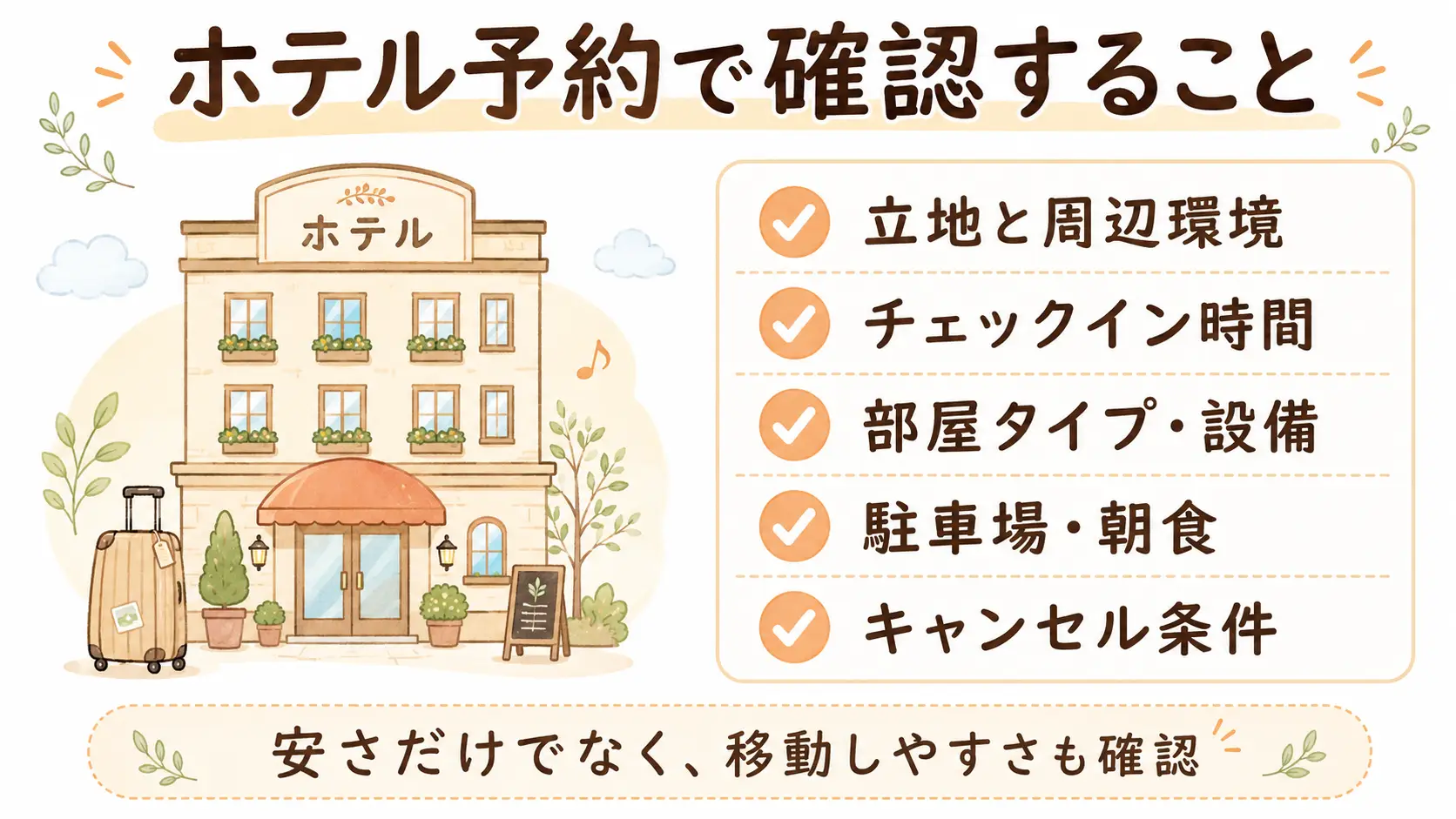 初めてホテルを予約するときに確認したい立地・設備・チェックイン時間・キャンセル条件