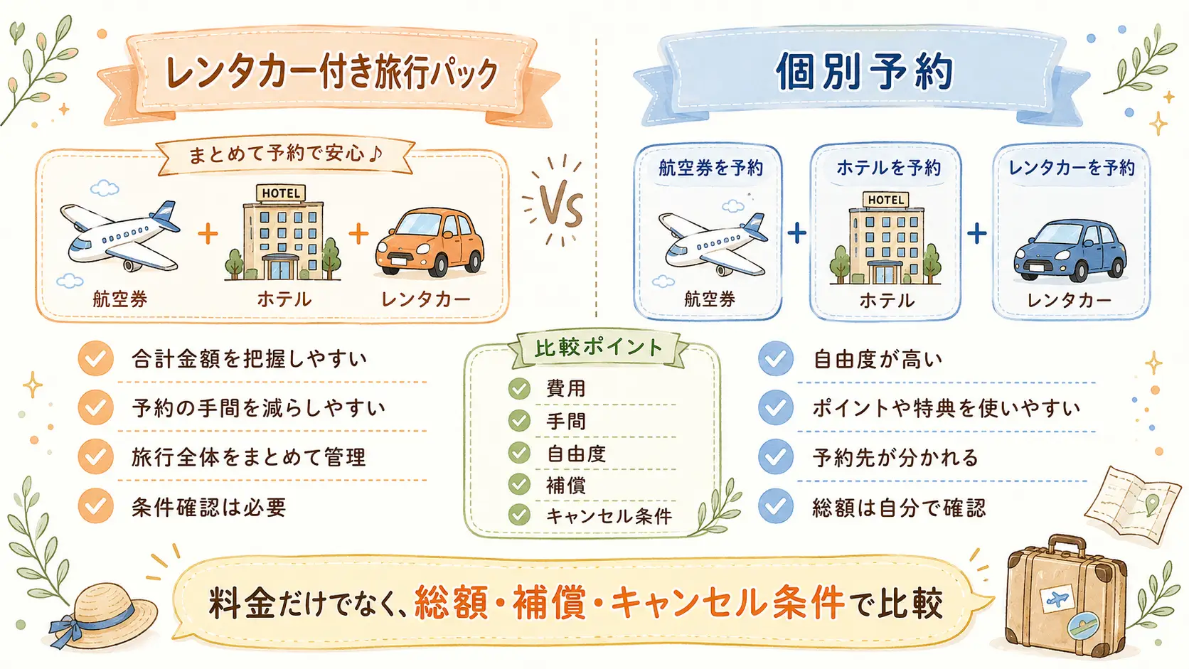 レンタカー付き旅行パックと個別予約を費用や手間や自由度で比較した表