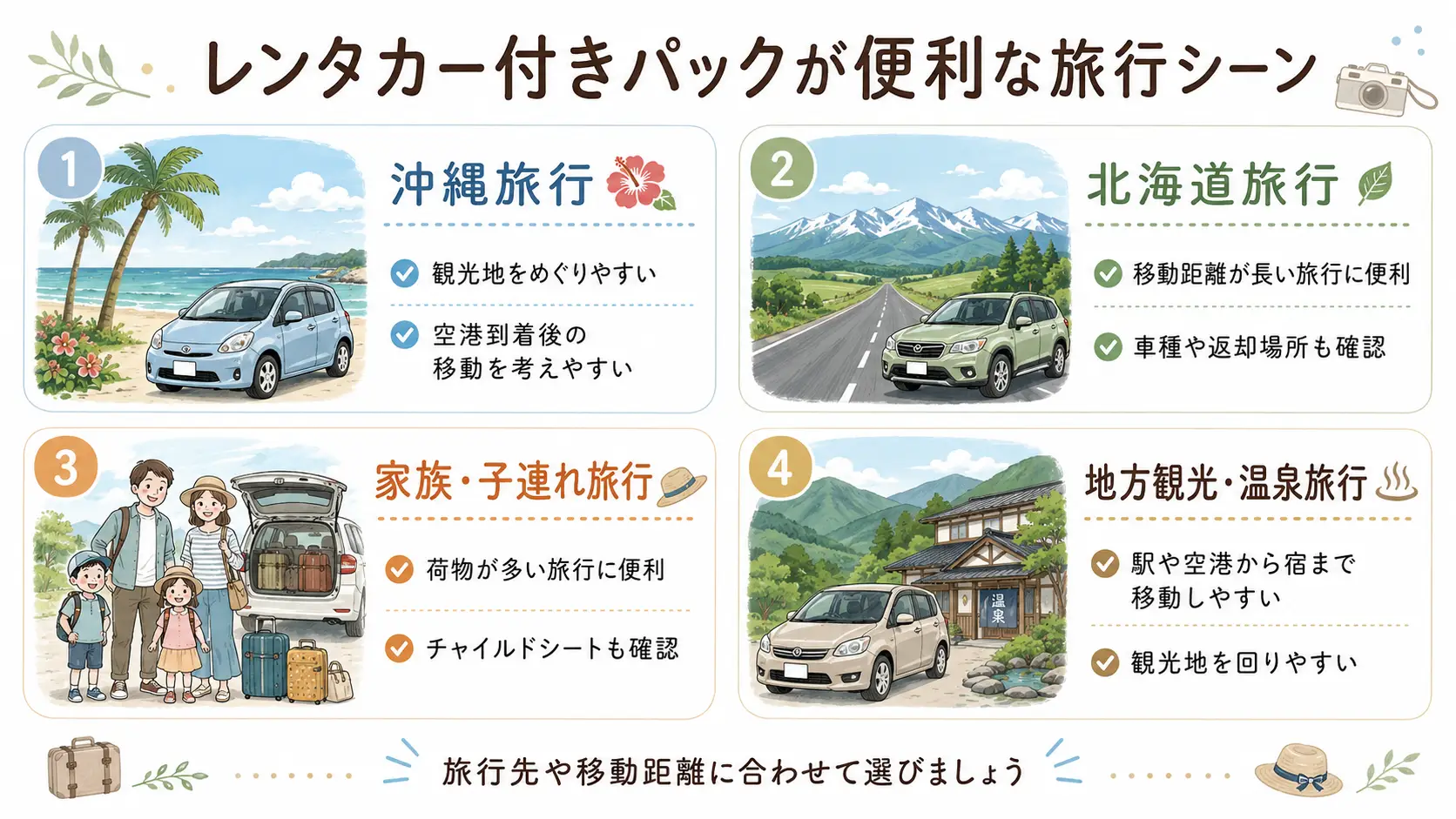 沖縄旅行や北海道旅行などレンタカー付き旅行パックが便利な旅行シーンの図
