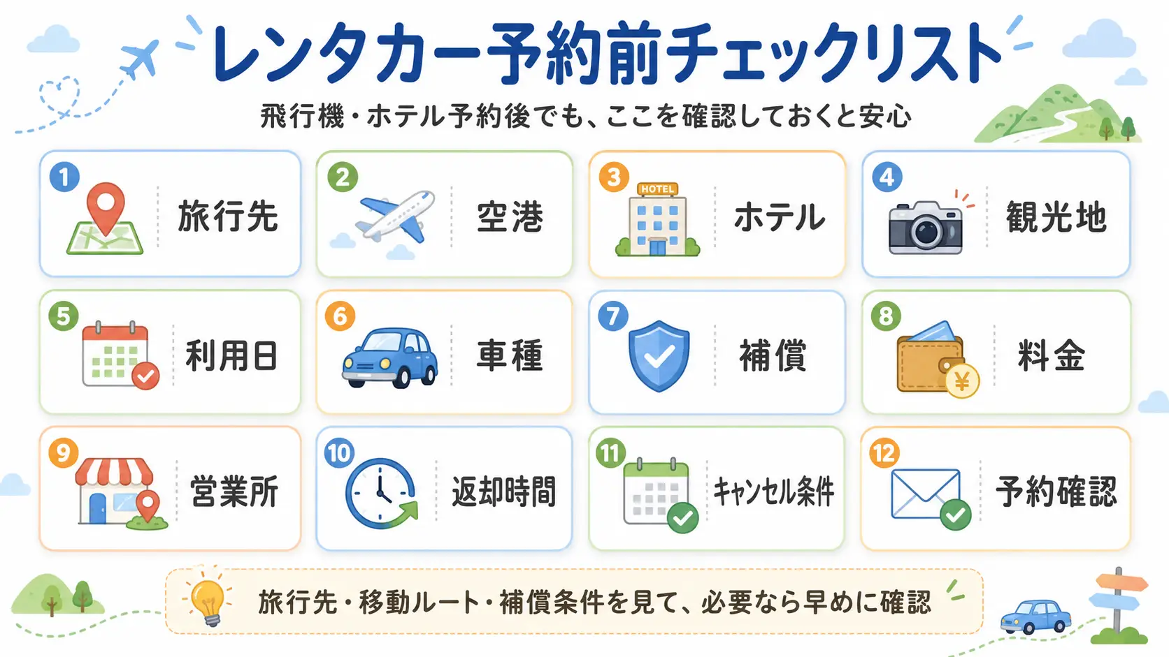 飛行機とホテル予約後にレンタカーを後から予約する前のチェックリスト