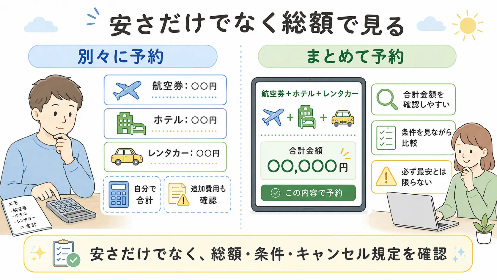 航空券・ホテル・レンタカーをまとめて予約するときに総額で比較するポイントを示した図
