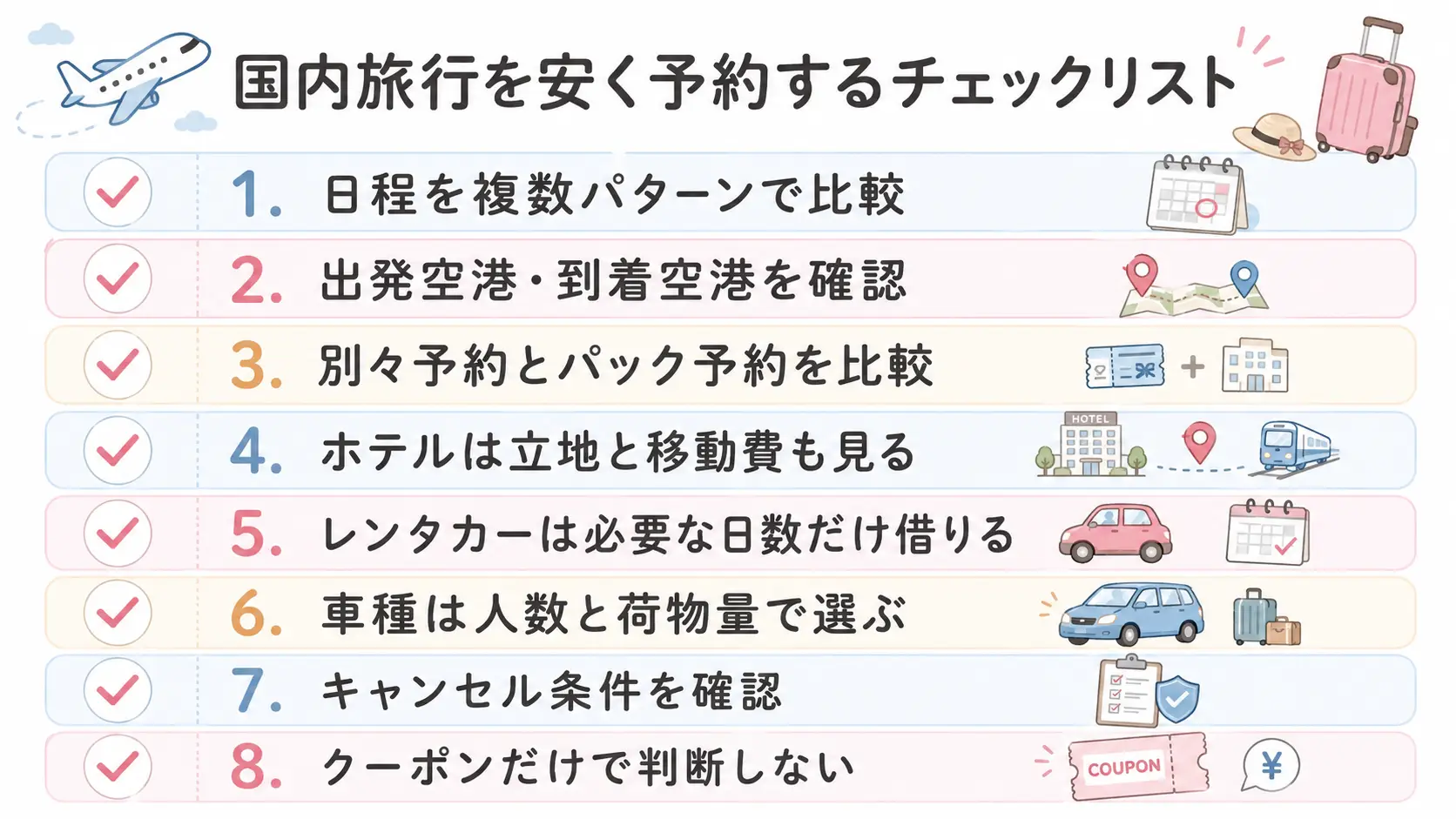 国内旅行を安く予約するための日程・空港・ホテル・レンタカー比較チェックリスト