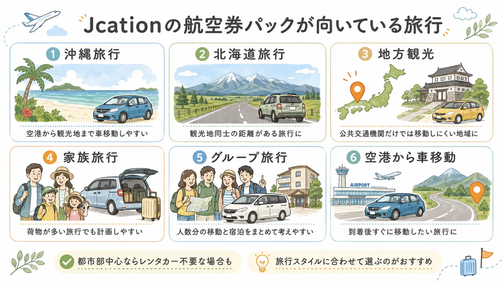 Jcationの航空券パックが向いている沖縄旅行・北海道旅行・地方観光・家族旅行・グループ旅行の整理図