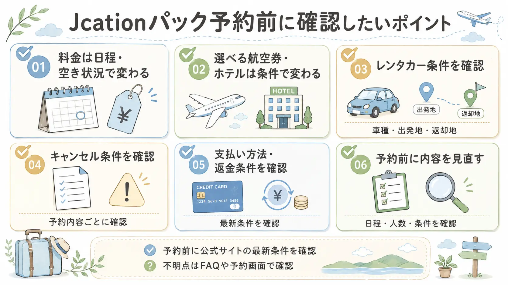 Jcationの航空券パックを予約する前に確認したい料金・空き状況・レンタカー条件・キャンセル条件のチェックリスト
