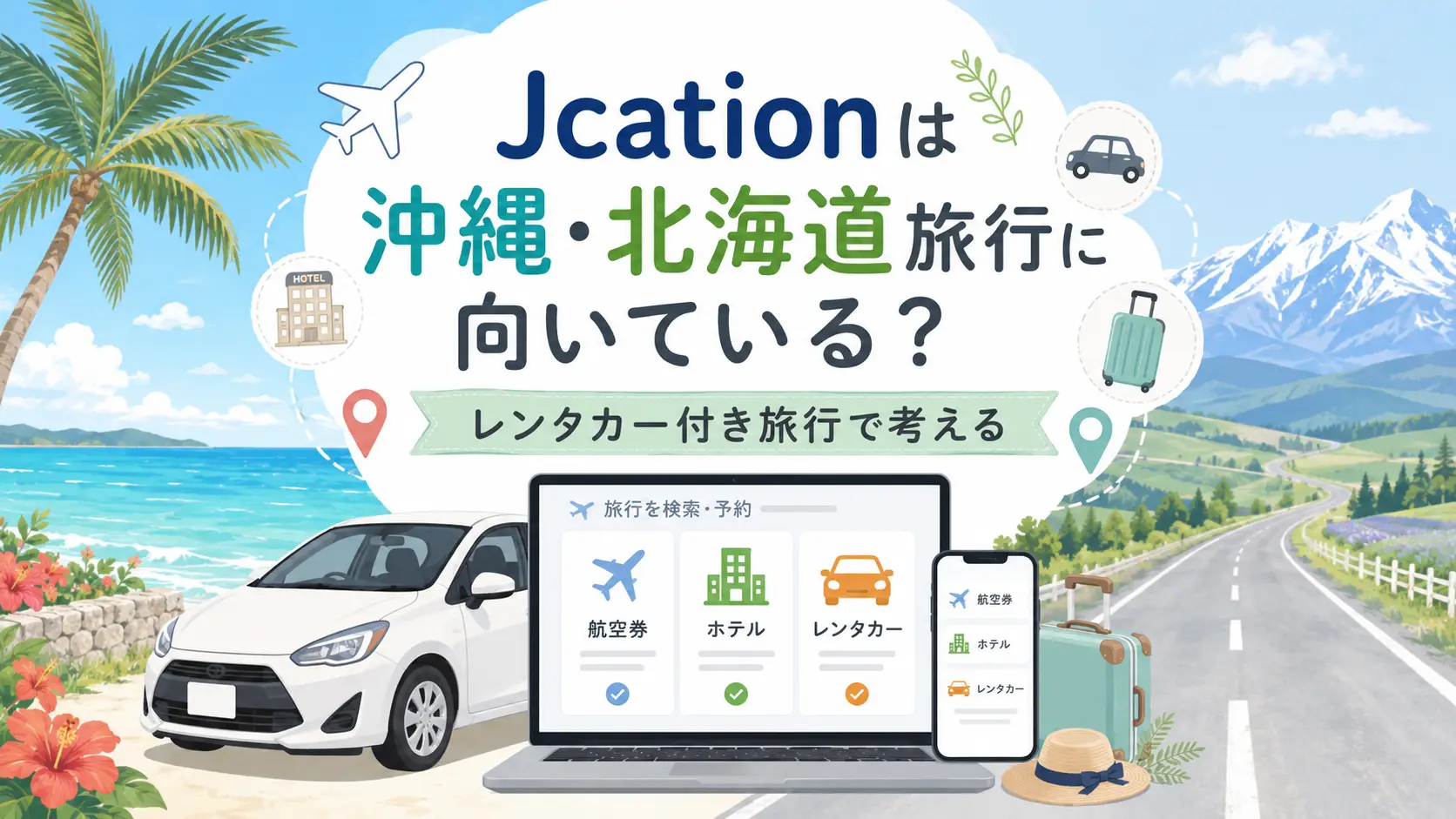 Jcationは沖縄旅行・北海道旅行のレンタカー付き旅行に向いているかを解説するアイキャッチ
