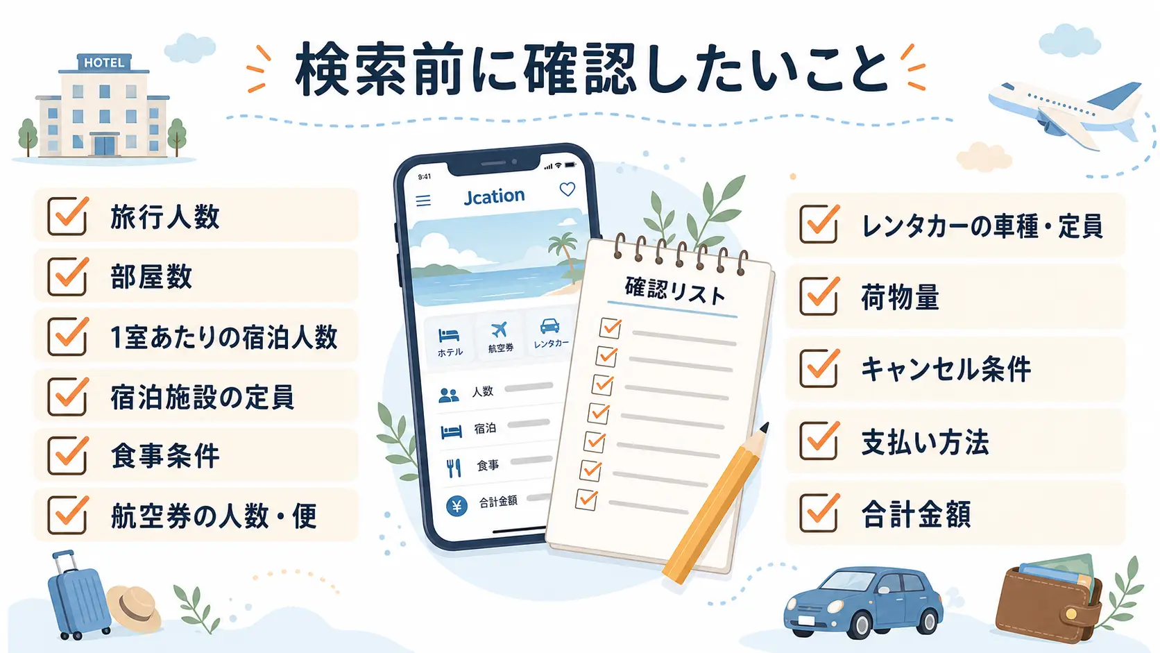 Jcationでホテル・航空券・レンタカーを検索する前に確認したい人数・部屋数・車種・合計金額のリスト